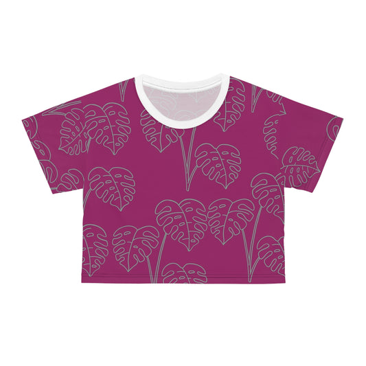 Monstera Line Art Crop Tee — Magenta Tropical Pattern