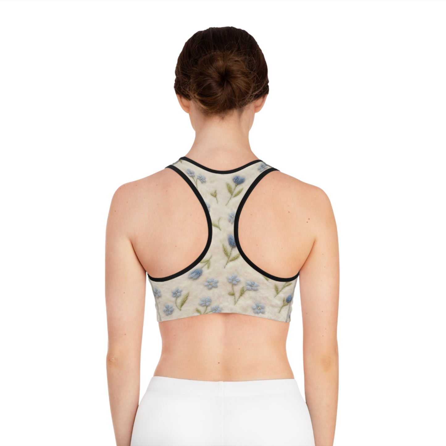 Floral Embroidered Look Sports Bra — Blue Forget-Me-Not All-Over Print