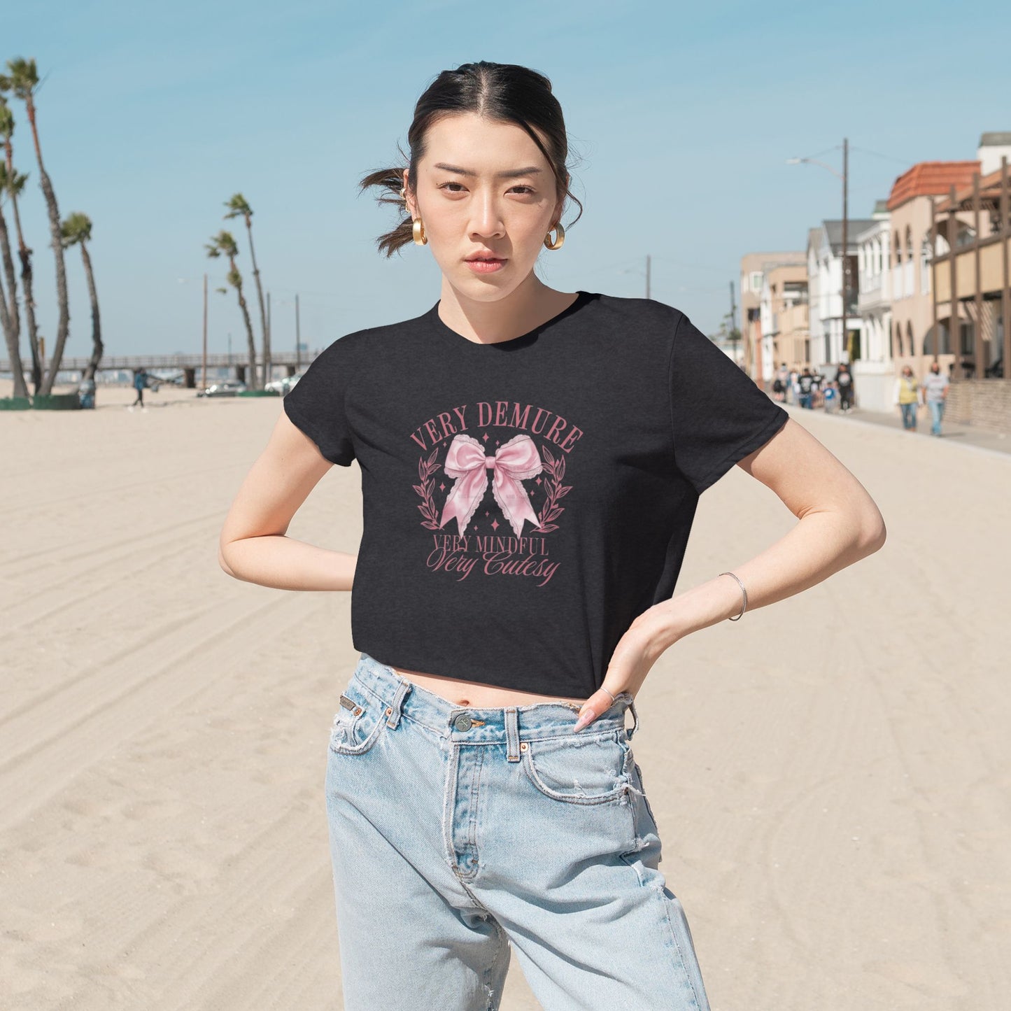 Demure Bow Cropped Tee — "Very Demure, Very Cute" Feminine Graphic Top