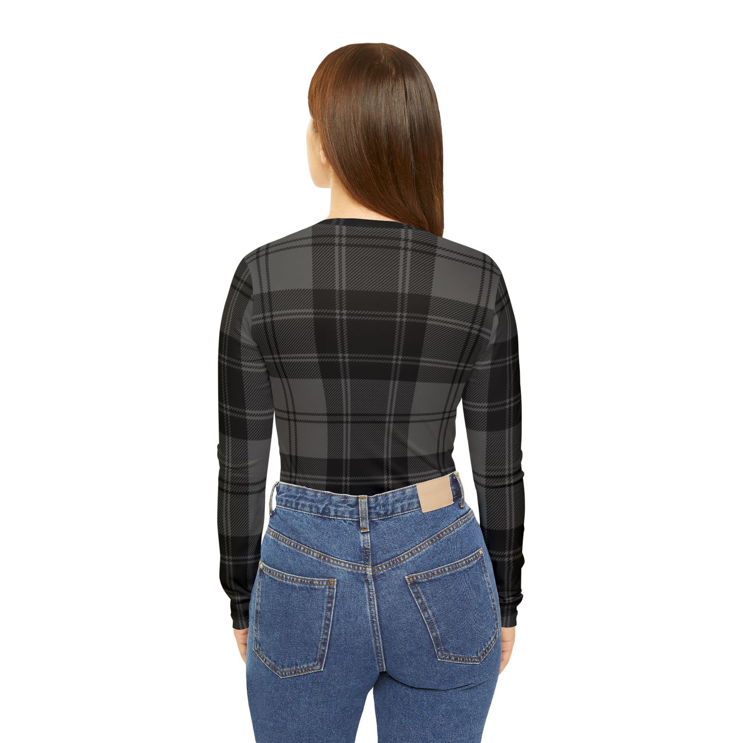 Women's V‑Neck Long Sleeve Shirt — Gray Plaid All‑Over Print