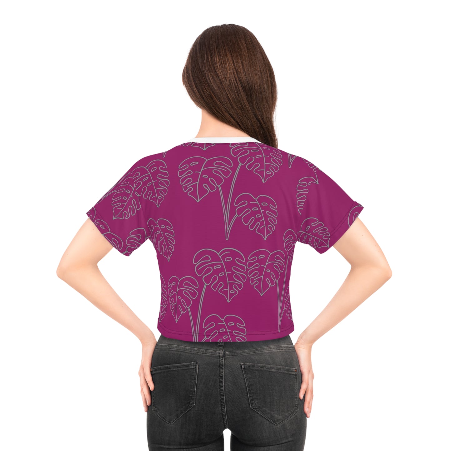 Monstera Line Art Crop Tee — Magenta Tropical Pattern