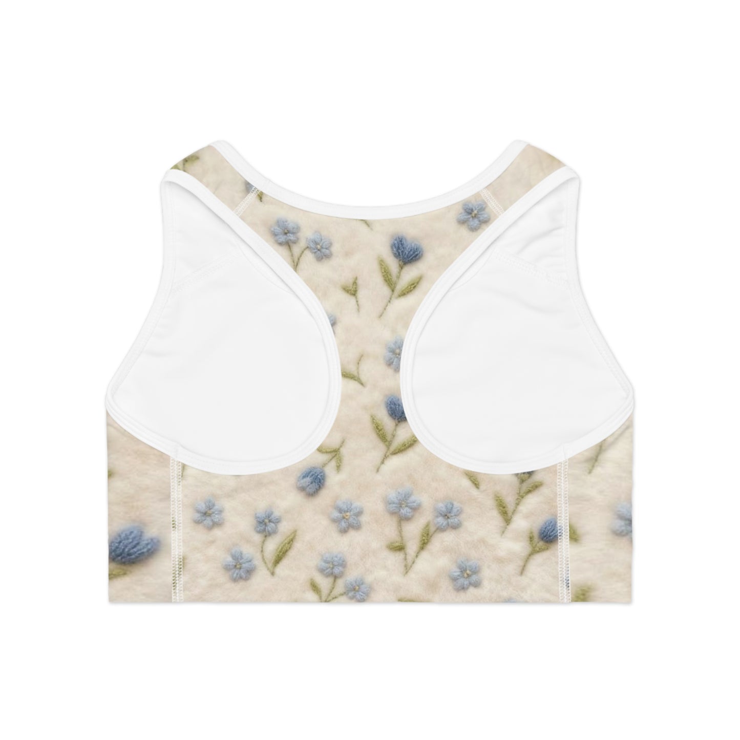 Floral Embroidered Look Sports Bra — Blue Forget-Me-Not All-Over Print