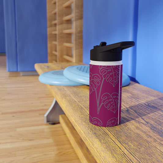 Monstera Line Art Stainless Steel Water Bottle — Magenta Tropical Travel Bottle