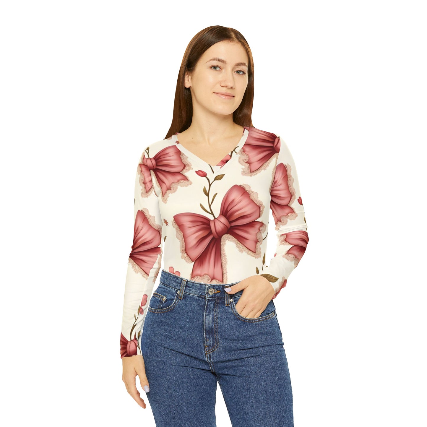Floral Bow V-Neck Long Sleeve — Vintage Pink Bow Print Shirt