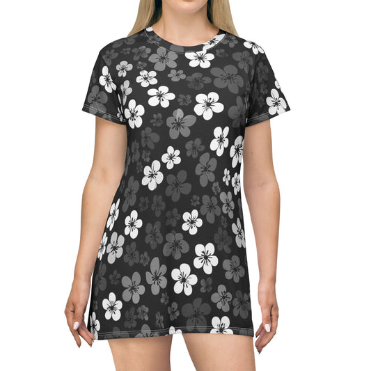 Floral Black & White T-Shirt Dress — Monochrome Blossom All-Over Print