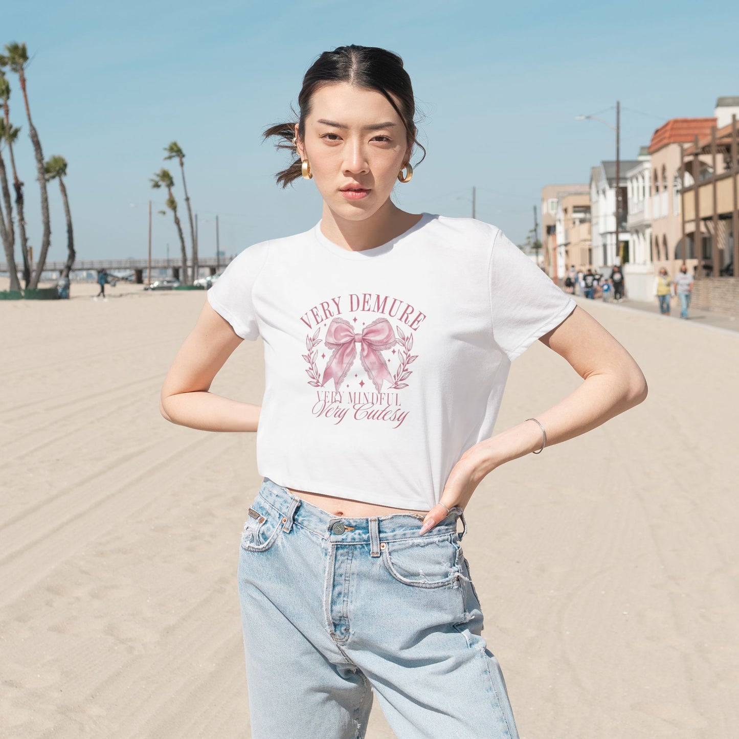 Demure Bow Cropped Tee — "Very Demure, Very Cute" Feminine Graphic Top