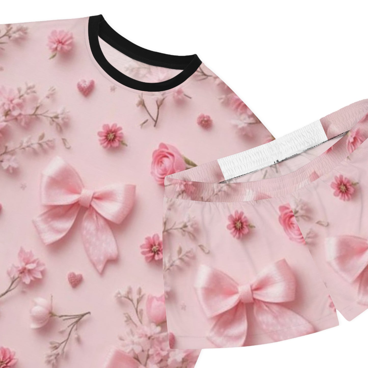Pink Floral Bow Women's Pajama Set — Cute Short Sleepwear