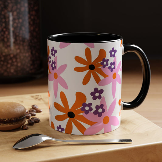 Floral Pop Accent Coffee Mug — Retro Orange & Pink Daisy Design (11/15oz)