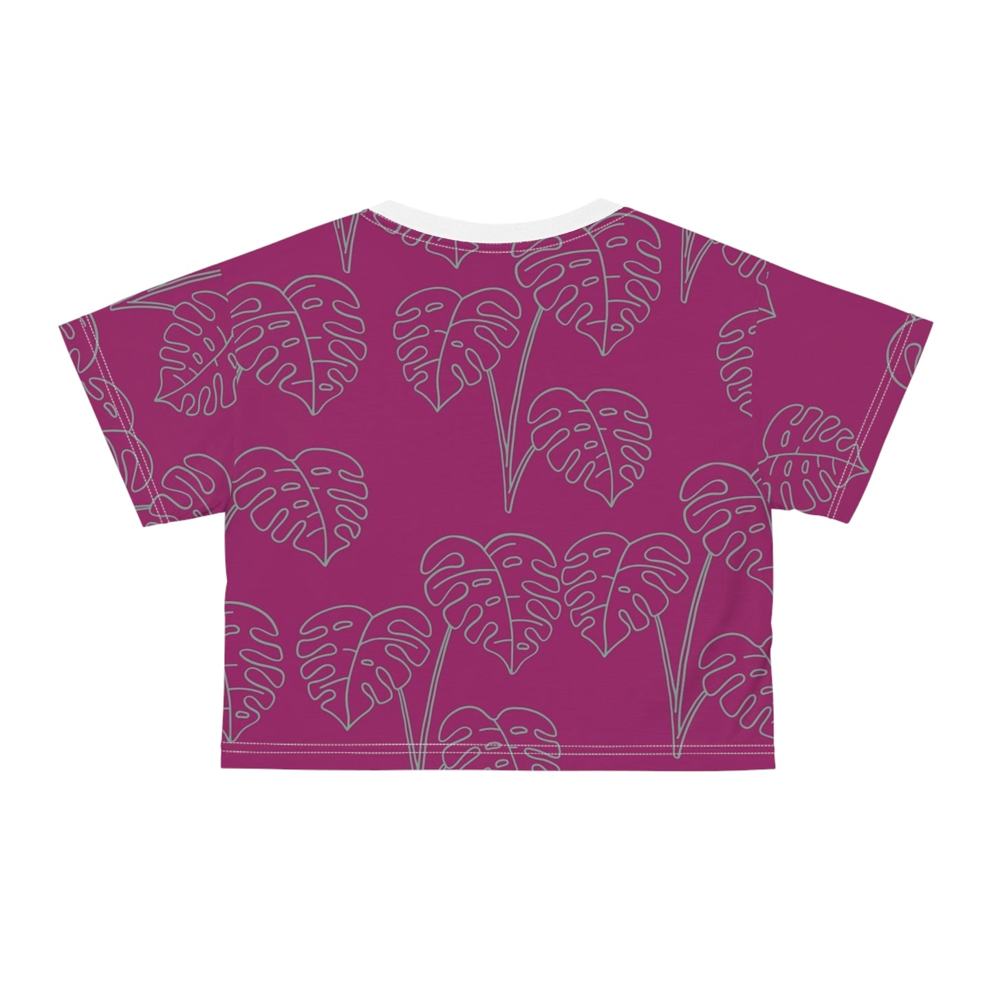 Monstera Line Art Crop Tee — Magenta Tropical Pattern