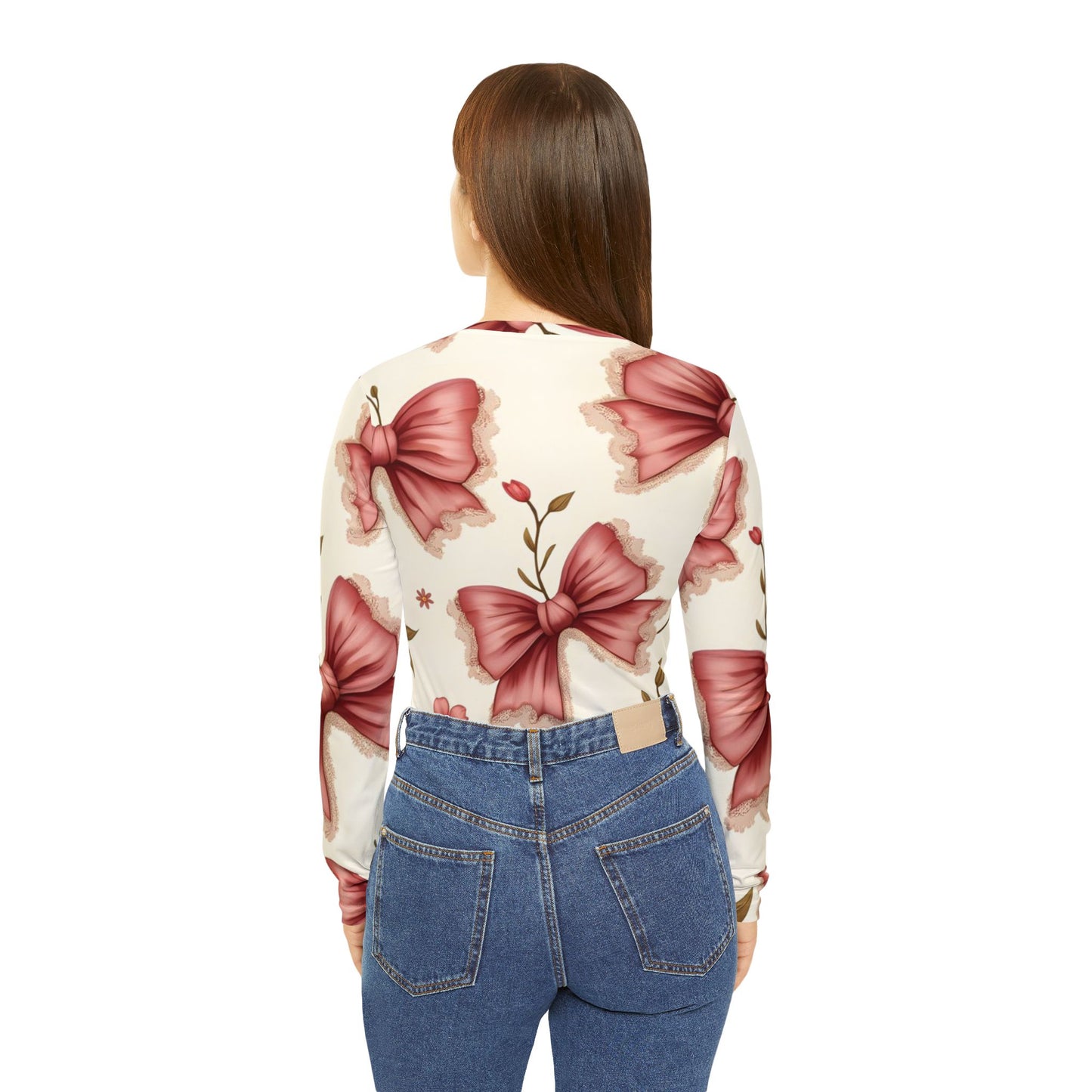 Floral Bow V-Neck Long Sleeve — Vintage Pink Bow Print Shirt