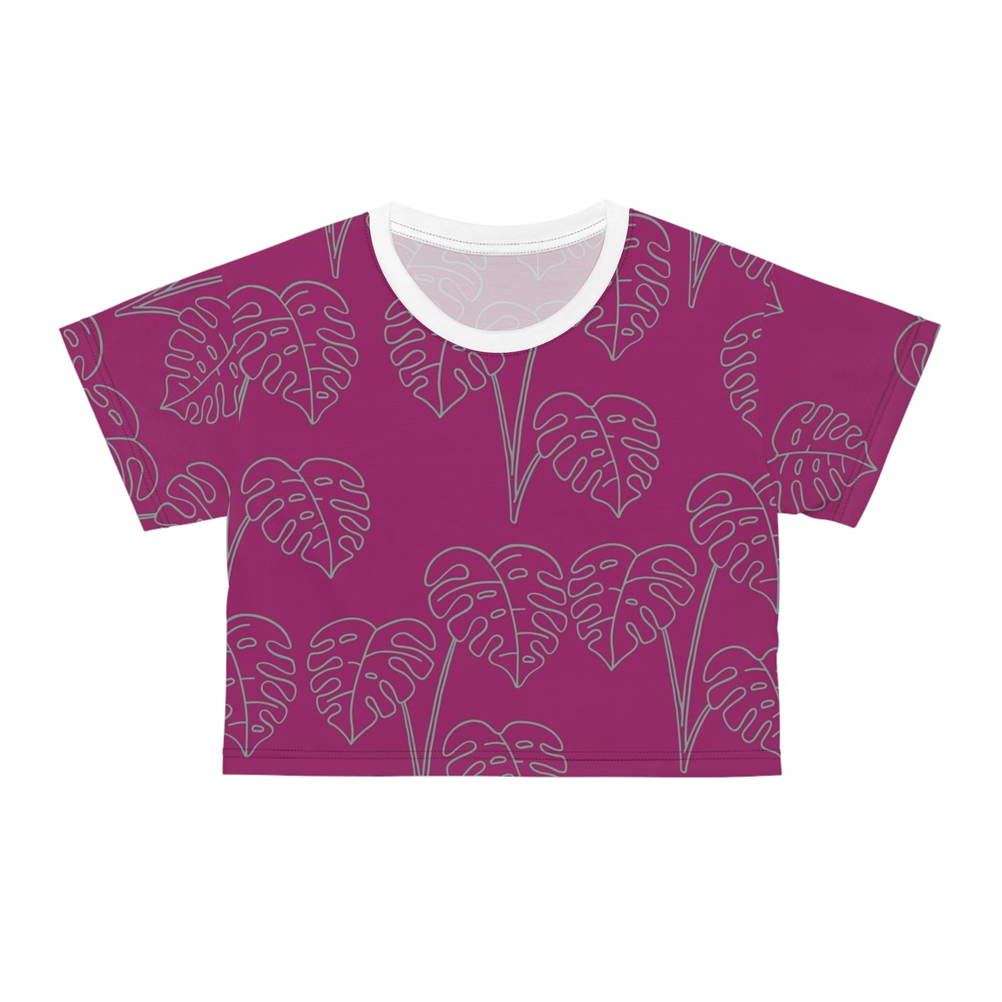 Monstera Line Art Crop Tee — Magenta Tropical Pattern