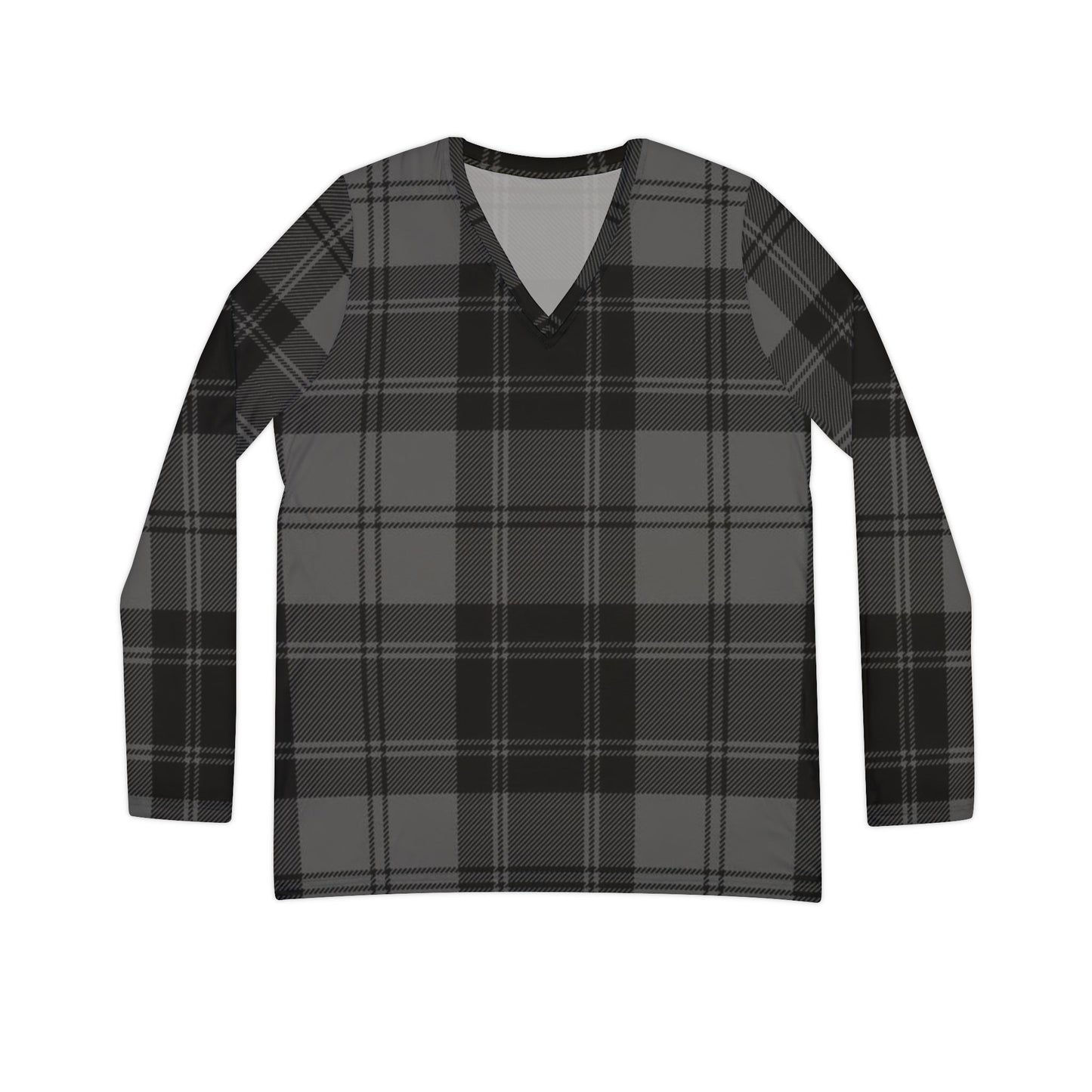 Women's V‑Neck Long Sleeve Shirt — Gray Plaid All‑Over Print
