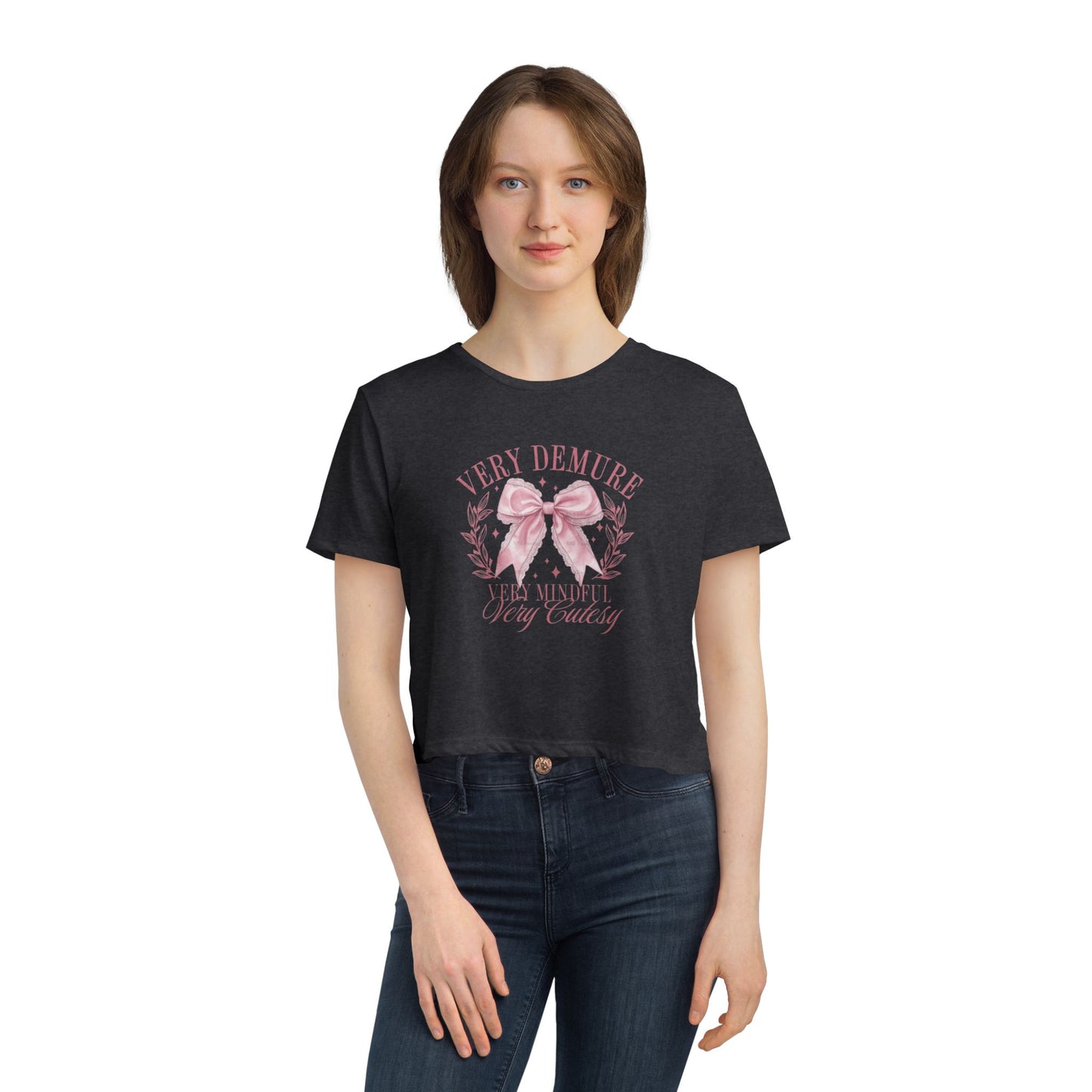 Demure Bow Cropped Tee — "Very Demure, Very Cute" Feminine Graphic Top