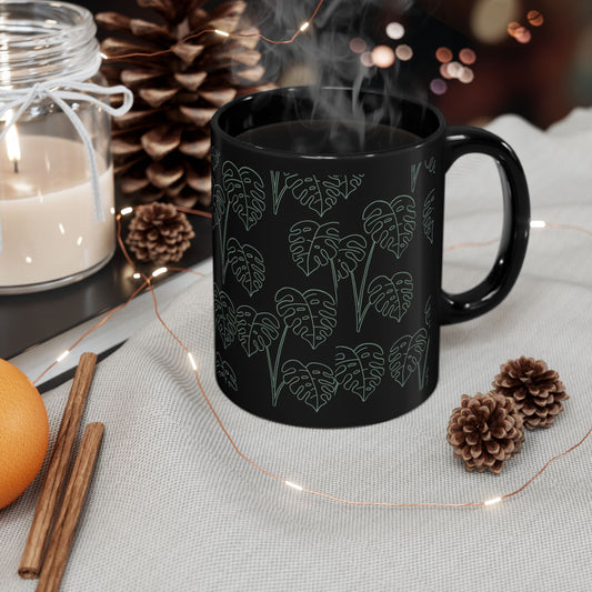 Monstera Leaf Black Coffee Mug — Botanical Pattern 11oz & 15oz