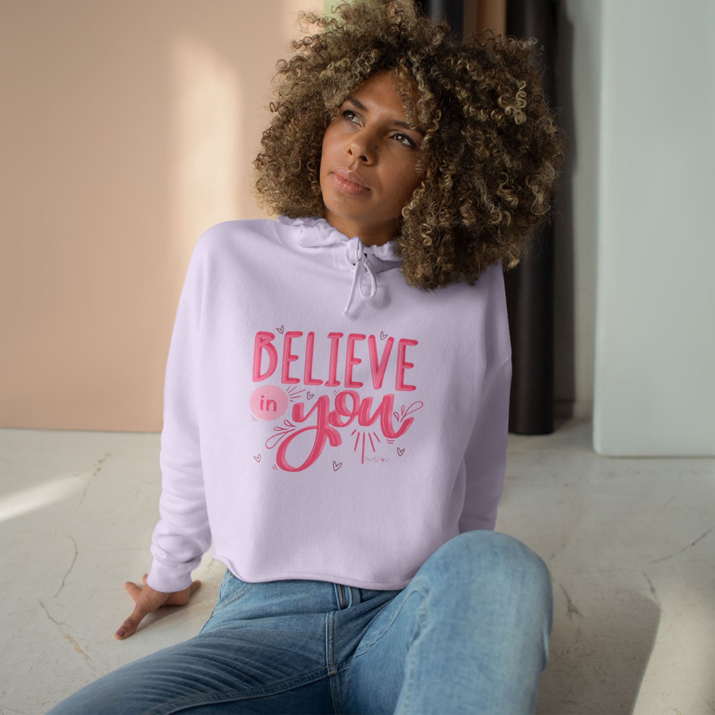 Believe In You Crop Hoodie — Pink Inspirational Women's Cropped Sweatshirt