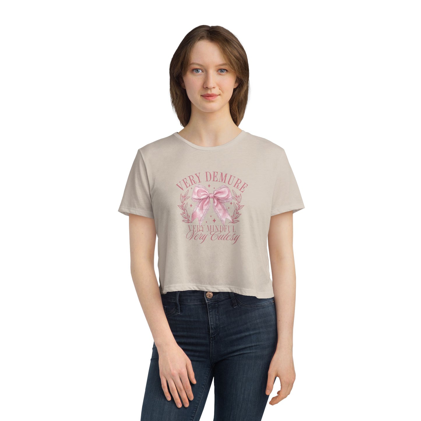 Demure Bow Cropped Tee — "Very Demure, Very Cute" Feminine Graphic Top