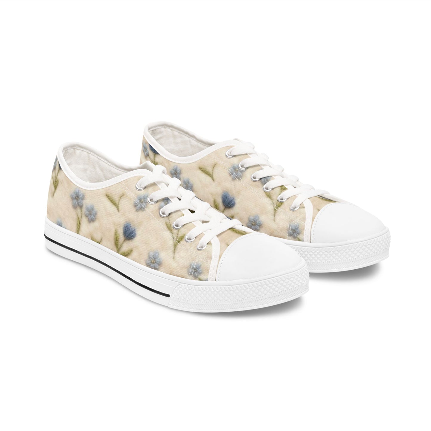Floral Vintage Canvas Sneakers — Women's Low Top Shoes with Soft Pastel Blue Blooms