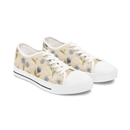 Floral Vintage Canvas Sneakers — Women's Low Top Shoes with Soft Pastel Blue Blooms
