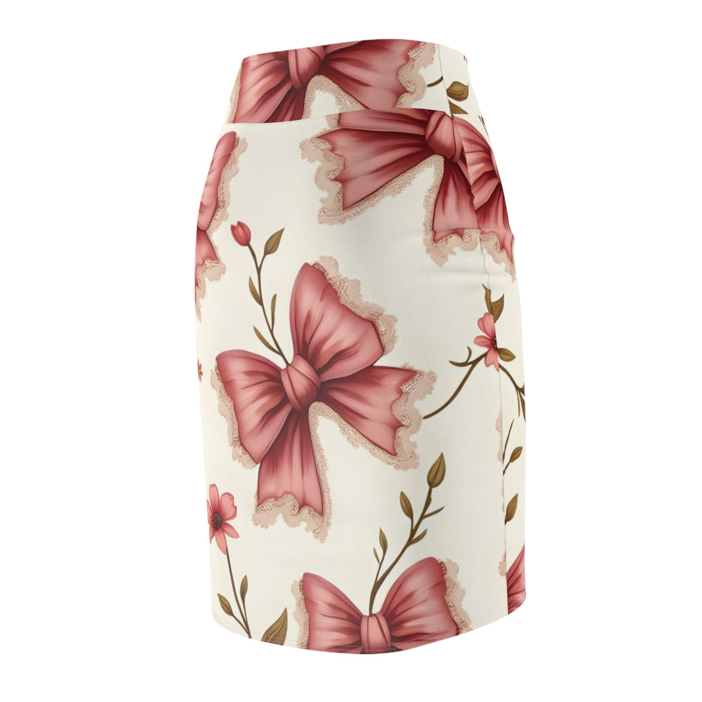 Floral Bow Pencil Skirt — Pink Ribbon Print