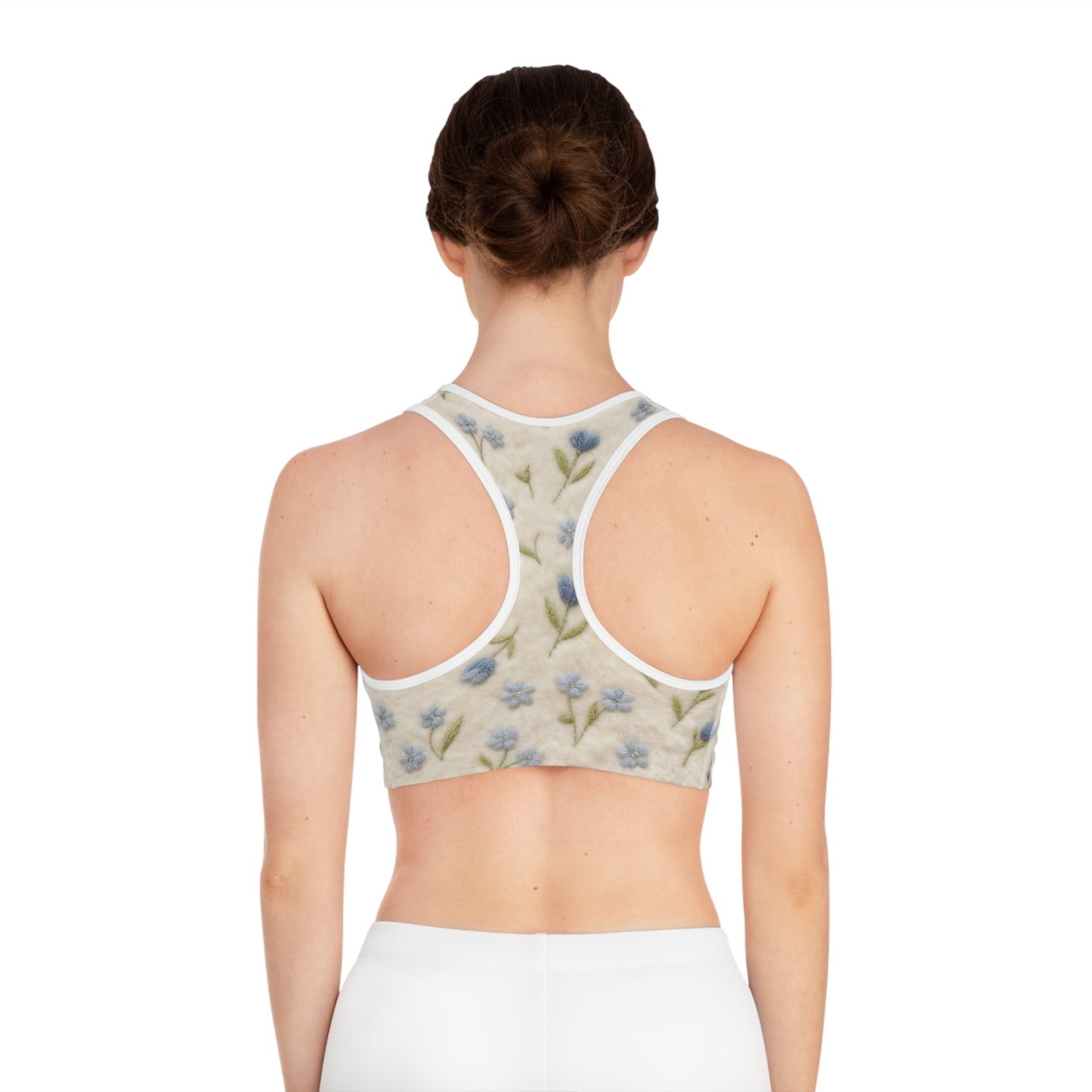 Floral Embroidered Look Sports Bra — Blue Forget-Me-Not All-Over Print