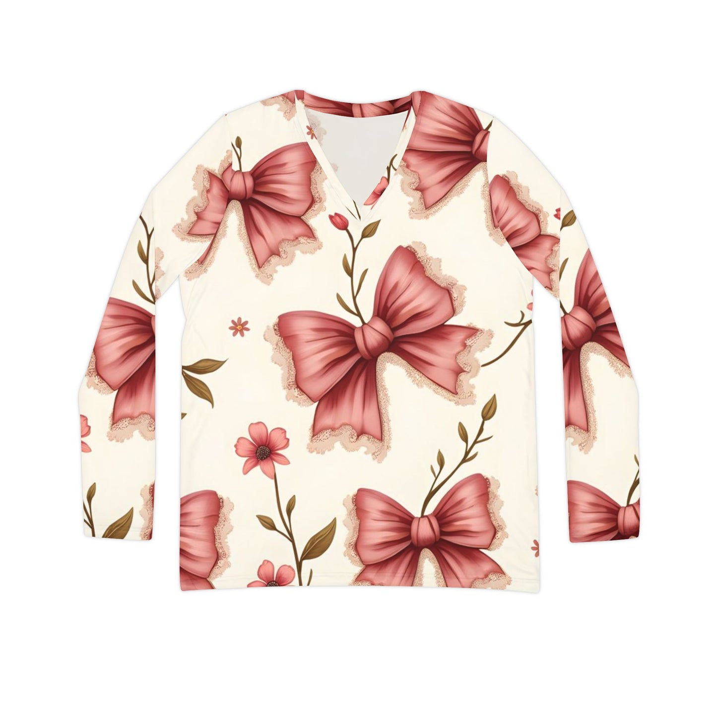 Floral Bow V-Neck Long Sleeve — Vintage Pink Bow Print Shirt