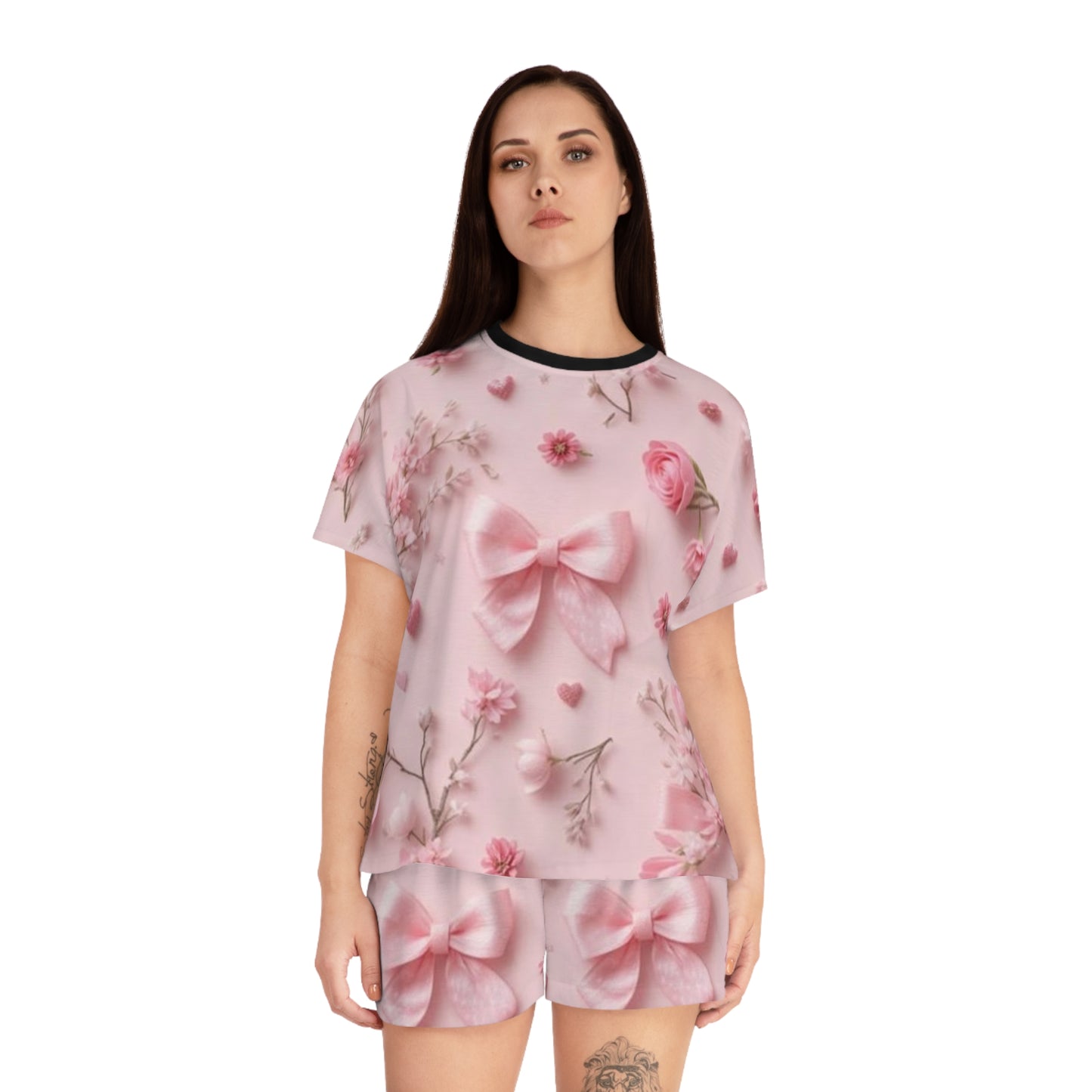 Pink Floral Bow Women's Pajama Set — Cute Short Sleepwear