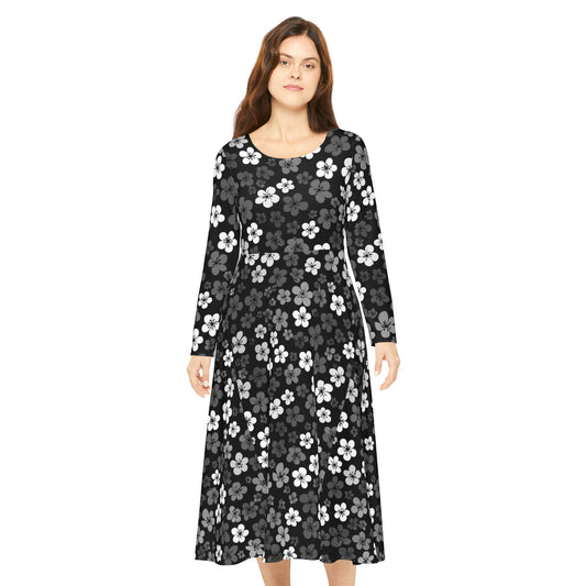 Floral Black & White Long Sleeve Dance Dress — Retro AOP Skater Dress