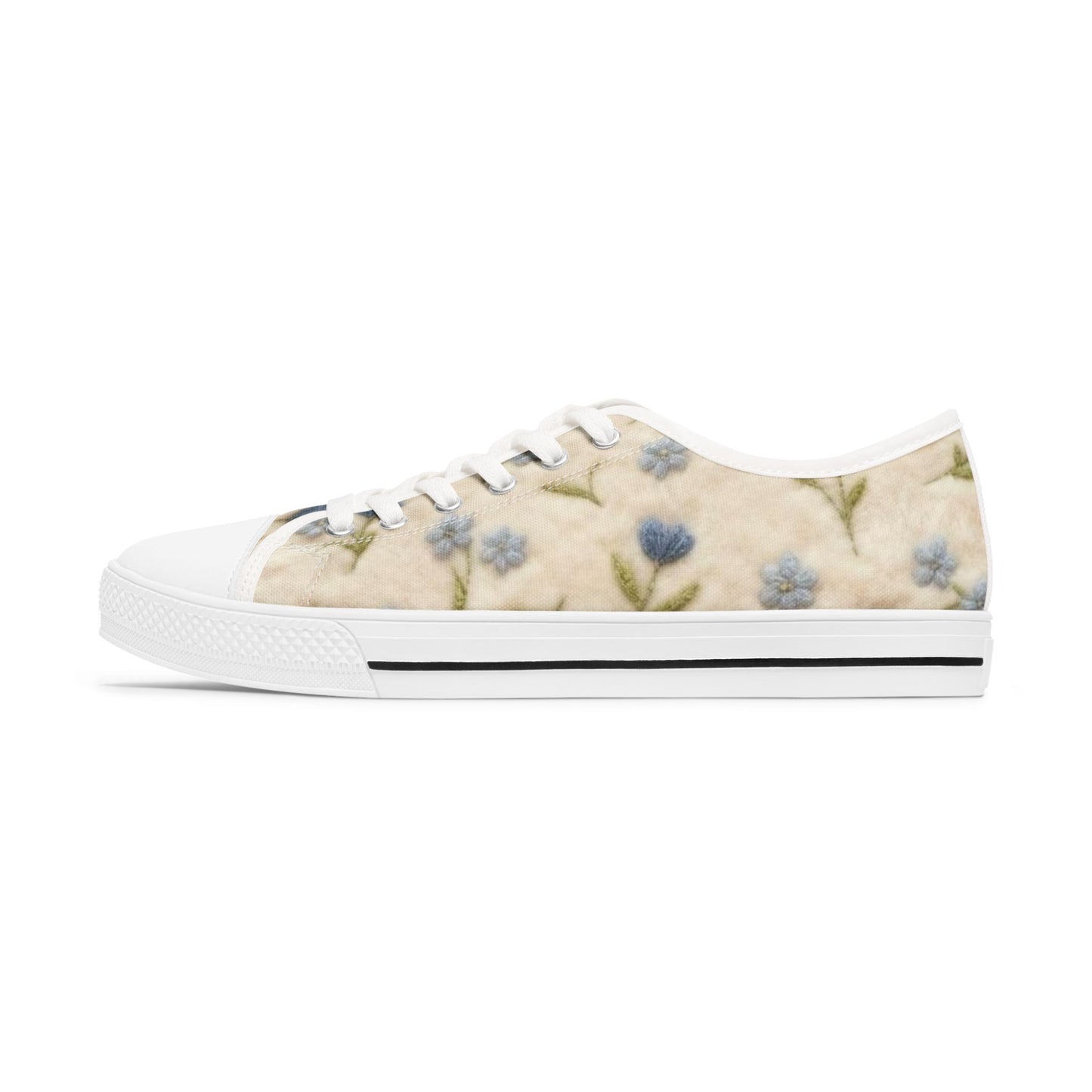 Floral Vintage Canvas Sneakers — Women's Low Top Shoes with Soft Pastel Blue Blooms