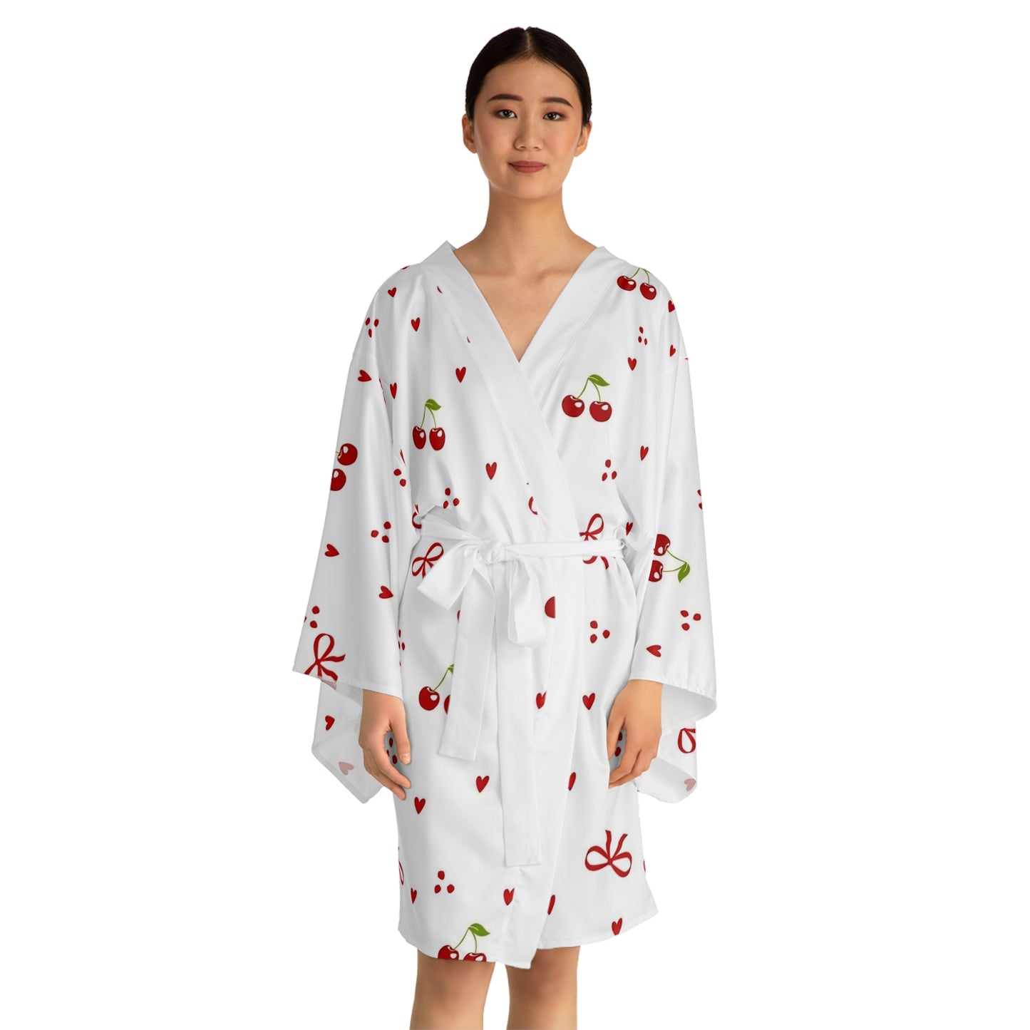 Cherry Heart Kimono Robe – Cute Cherry & Bow All-Over Print Nightwear for Women 🍒