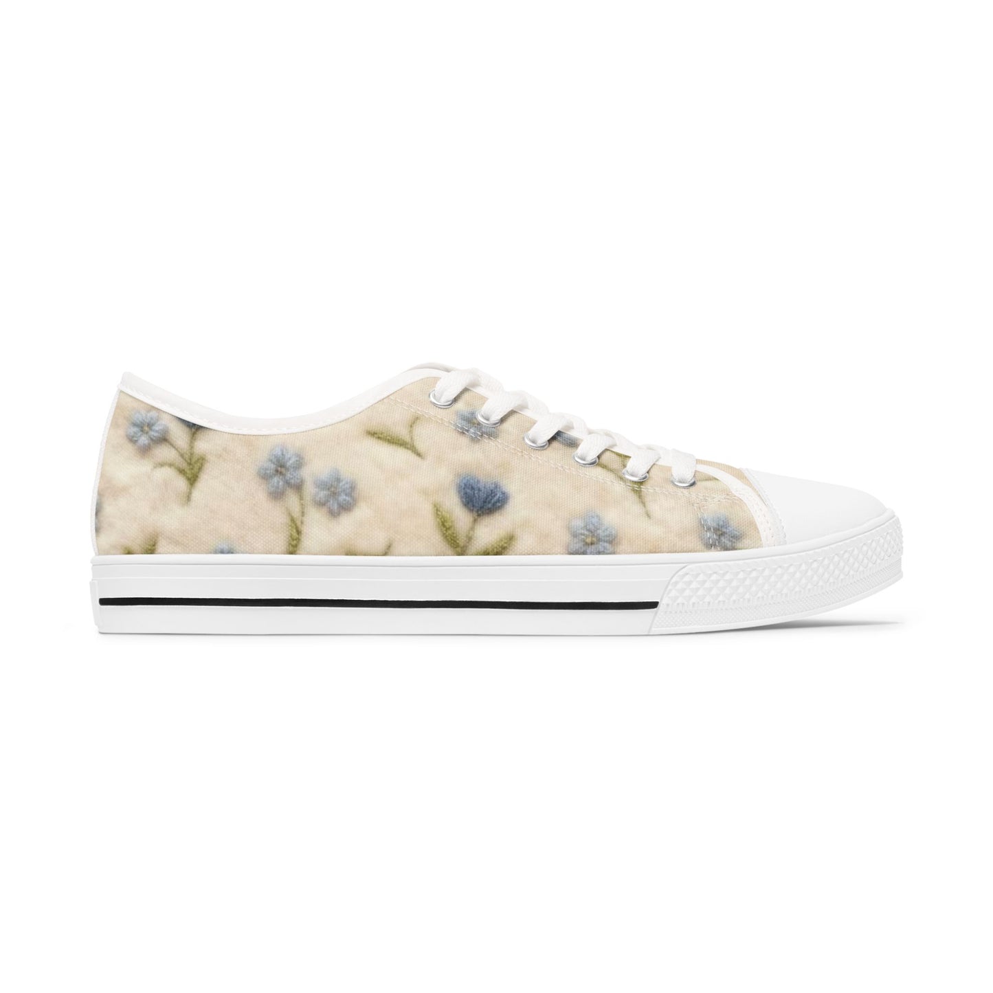 Floral Vintage Canvas Sneakers — Women's Low Top Shoes with Soft Pastel Blue Blooms