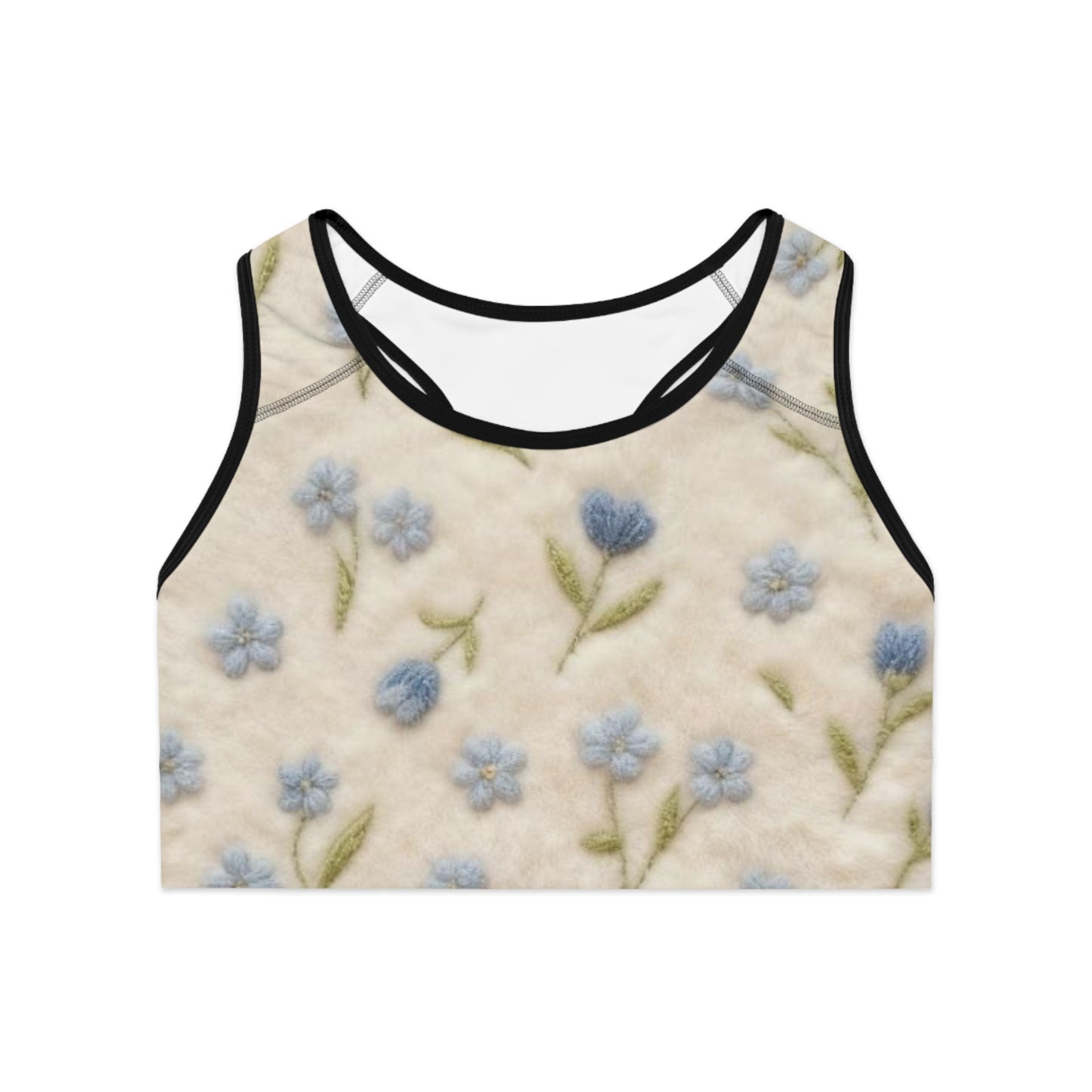Floral Embroidered Look Sports Bra — Blue Forget-Me-Not All-Over Print