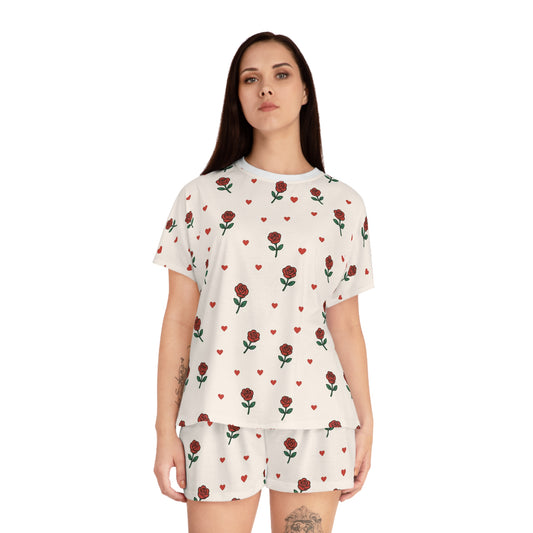 Women's Rose Print Short Pajama Set — Floral Heart Lounge Sleepwear