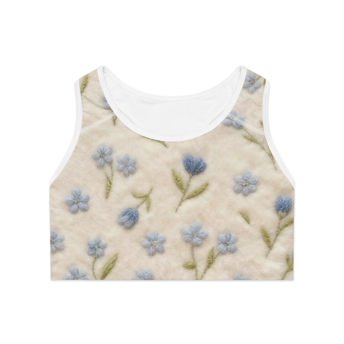 Floral Embroidered Look Sports Bra — Blue Forget-Me-Not All-Over Print