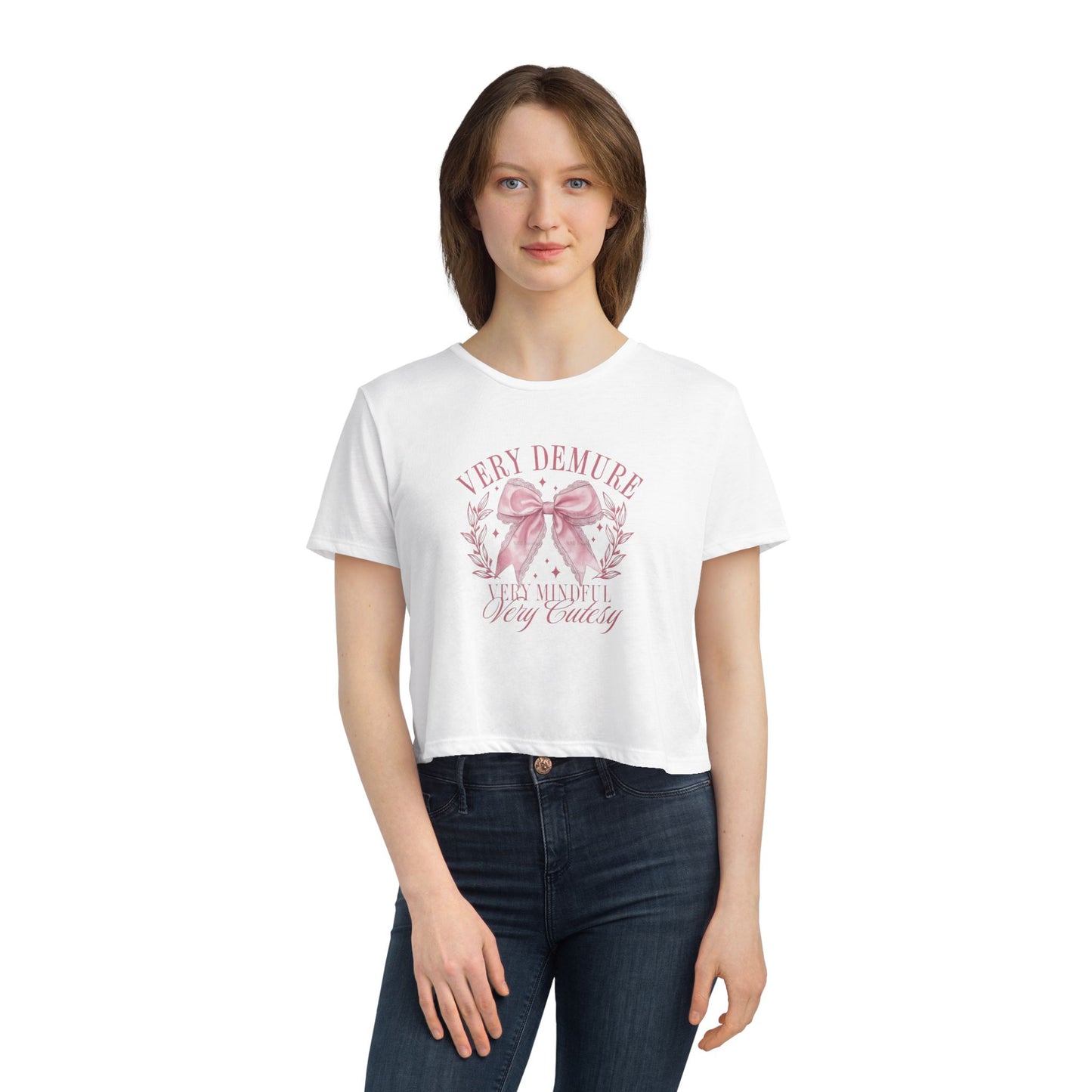 Demure Bow Cropped Tee — "Very Demure, Very Cute" Feminine Graphic Top
