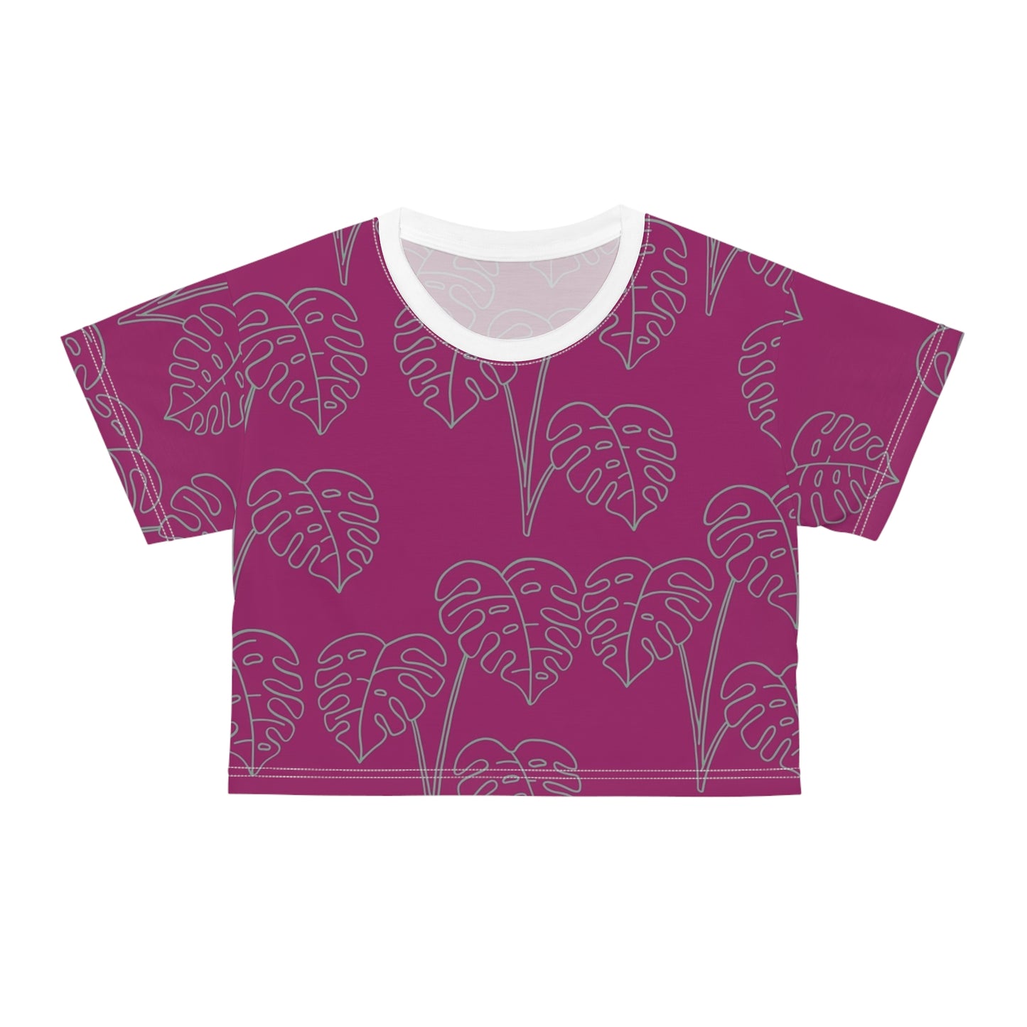 Monstera Line Art Crop Tee — Magenta Tropical Pattern