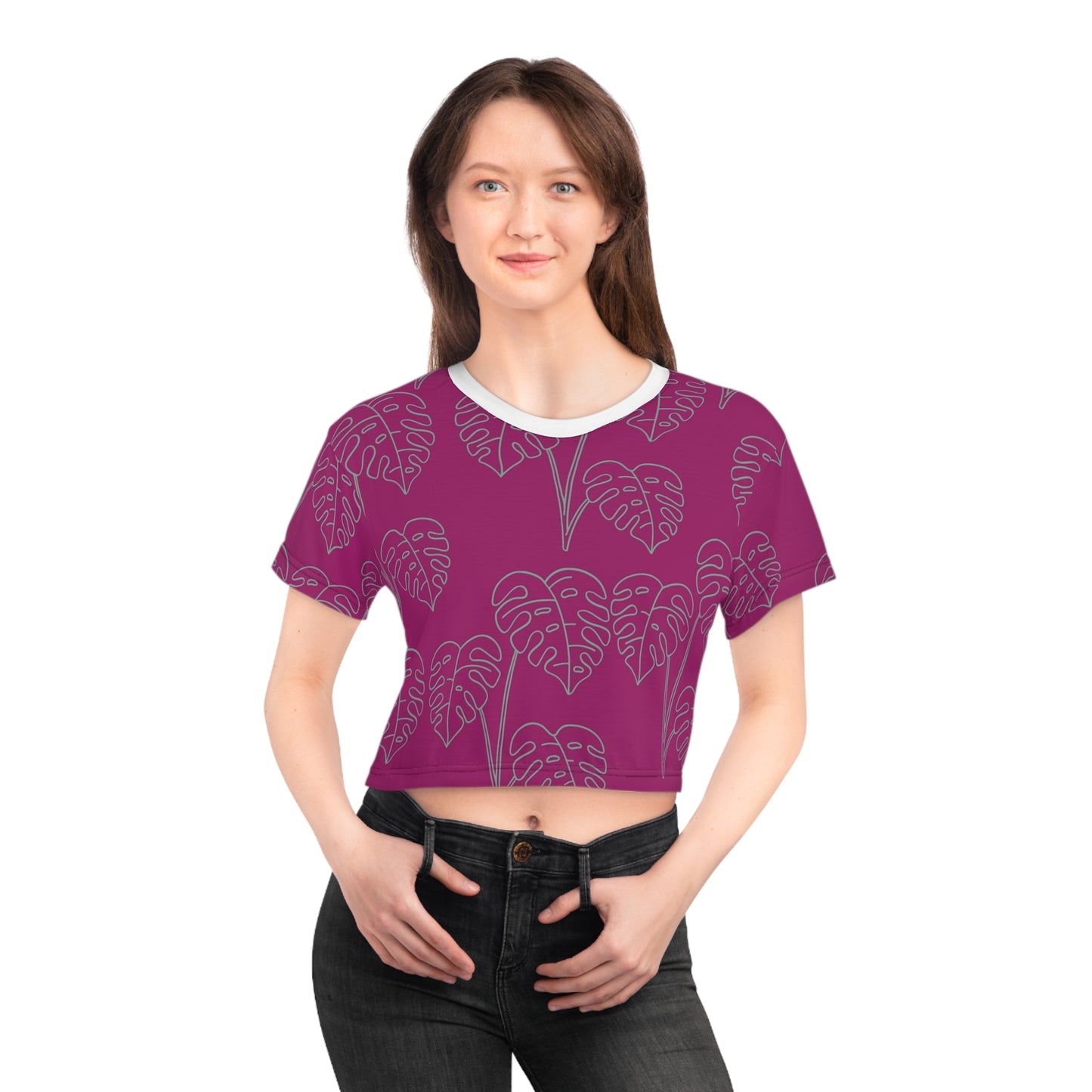 Monstera Line Art Crop Tee — Magenta Tropical Pattern