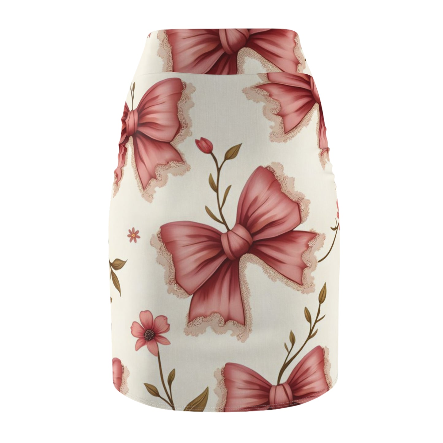 Floral Bow Pencil Skirt — Pink Ribbon Print