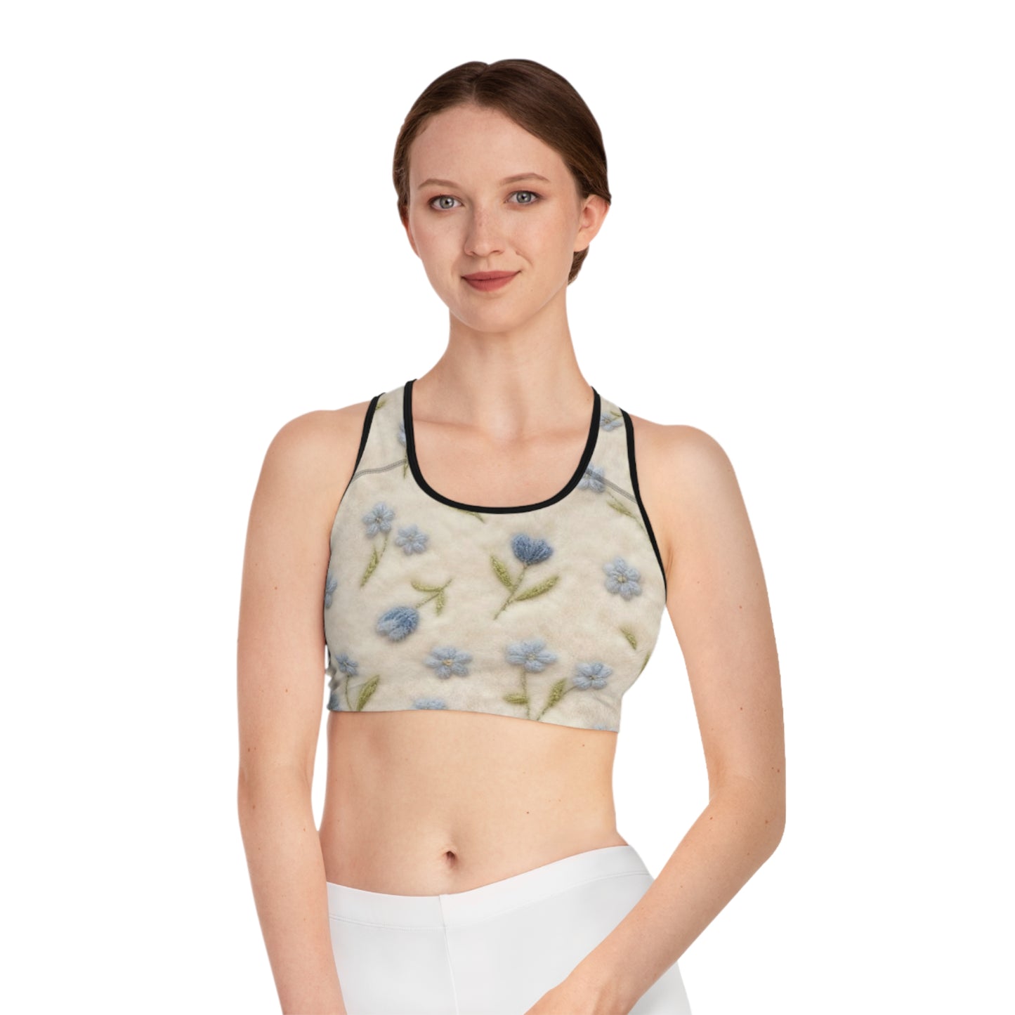 Floral Embroidered Look Sports Bra — Blue Forget-Me-Not All-Over Print