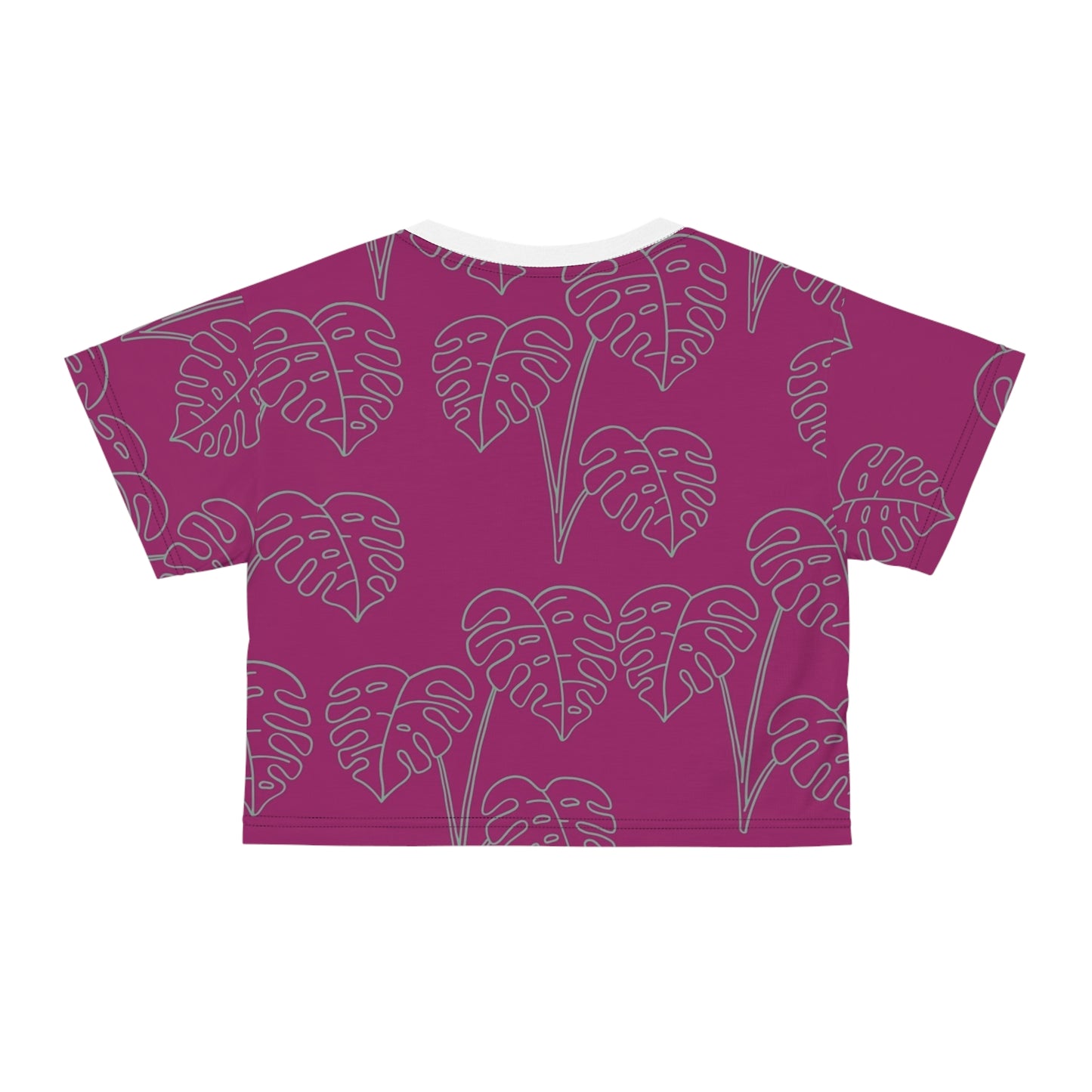 Monstera Line Art Crop Tee — Magenta Tropical Pattern