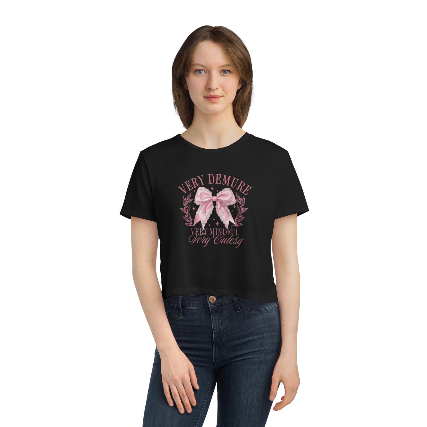 Demure Bow Cropped Tee — "Very Demure, Very Cute" Feminine Graphic Top