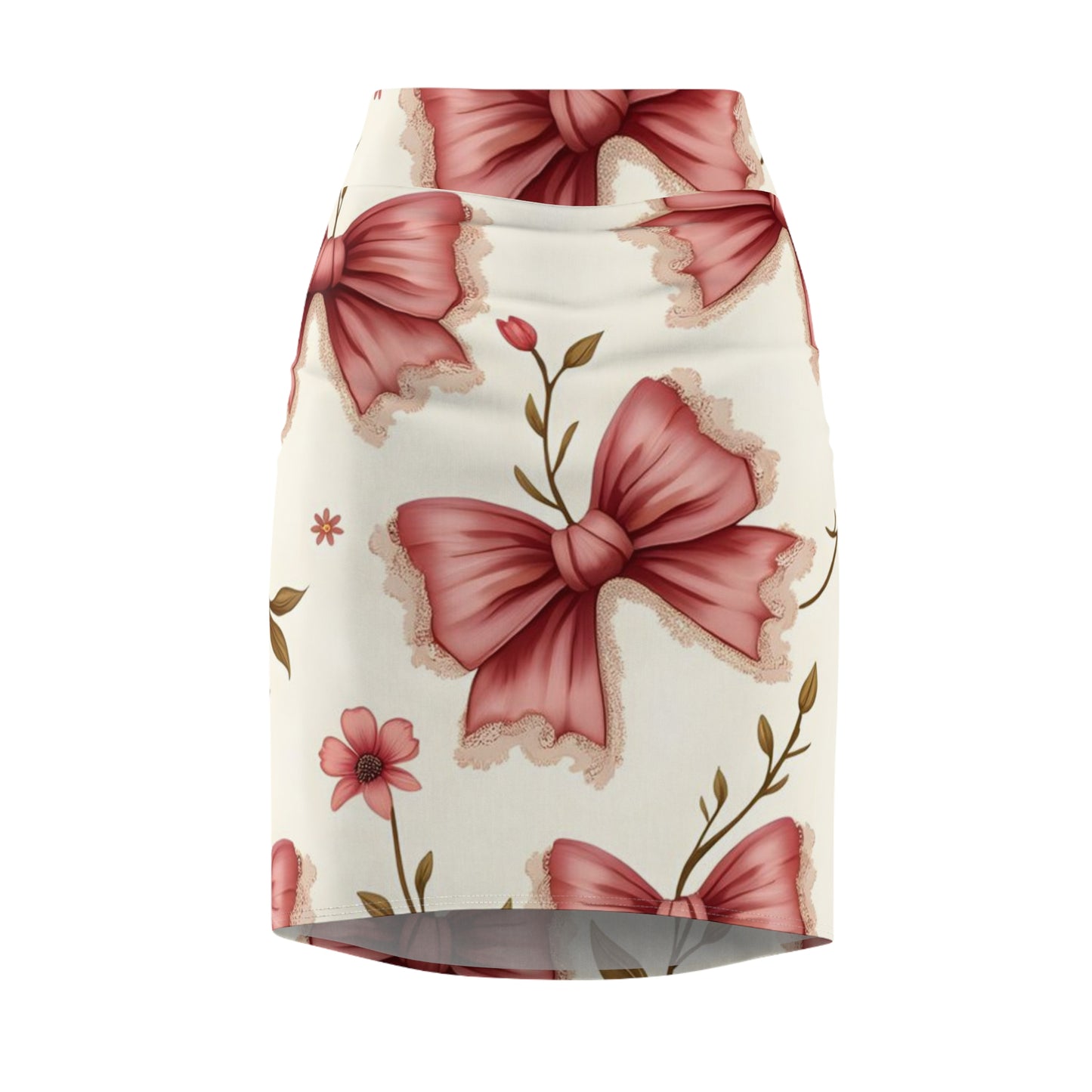 Floral Bow Pencil Skirt — Pink Ribbon Print
