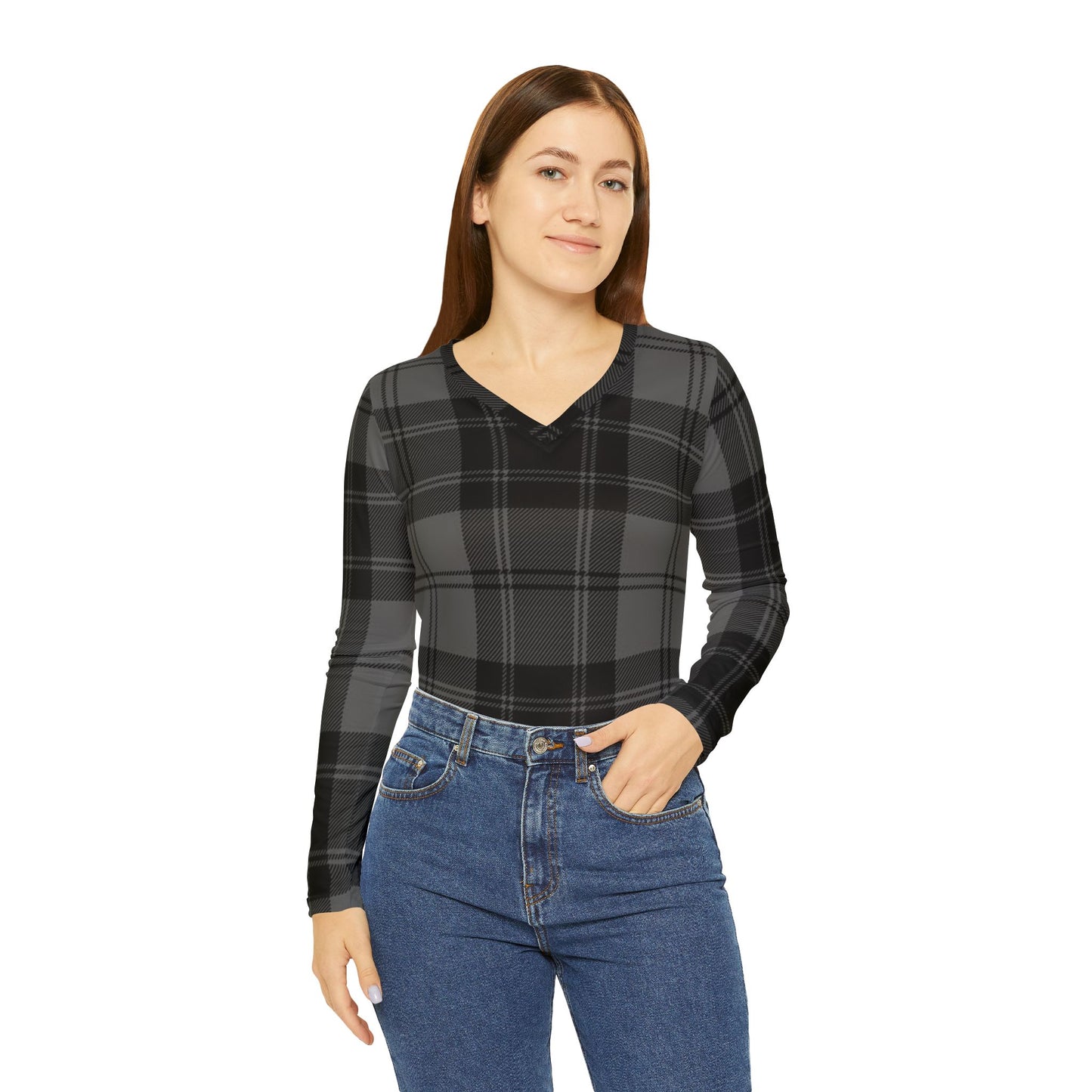 Women's V‑Neck Long Sleeve Shirt — Gray Plaid All‑Over Print