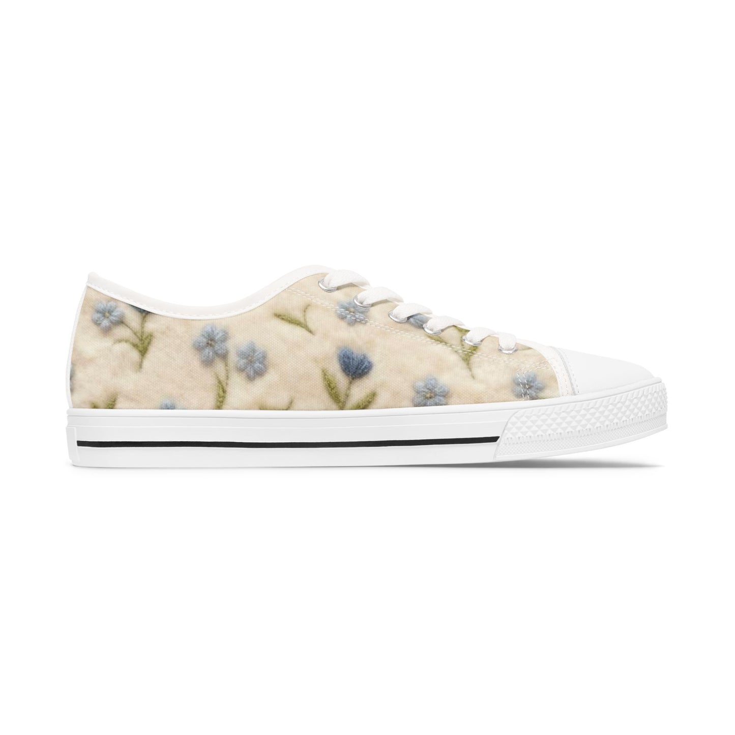 Floral Vintage Canvas Sneakers — Women's Low Top Shoes with Soft Pastel Blue Blooms