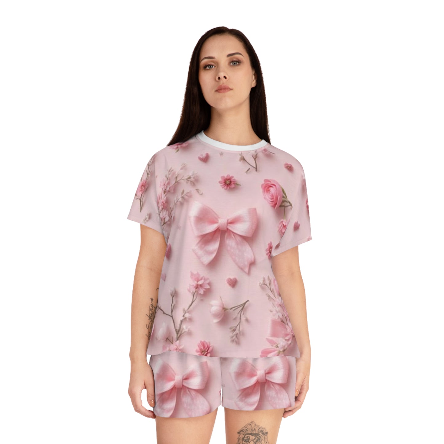 Pink Floral Bow Women's Pajama Set — Cute Short Sleepwear