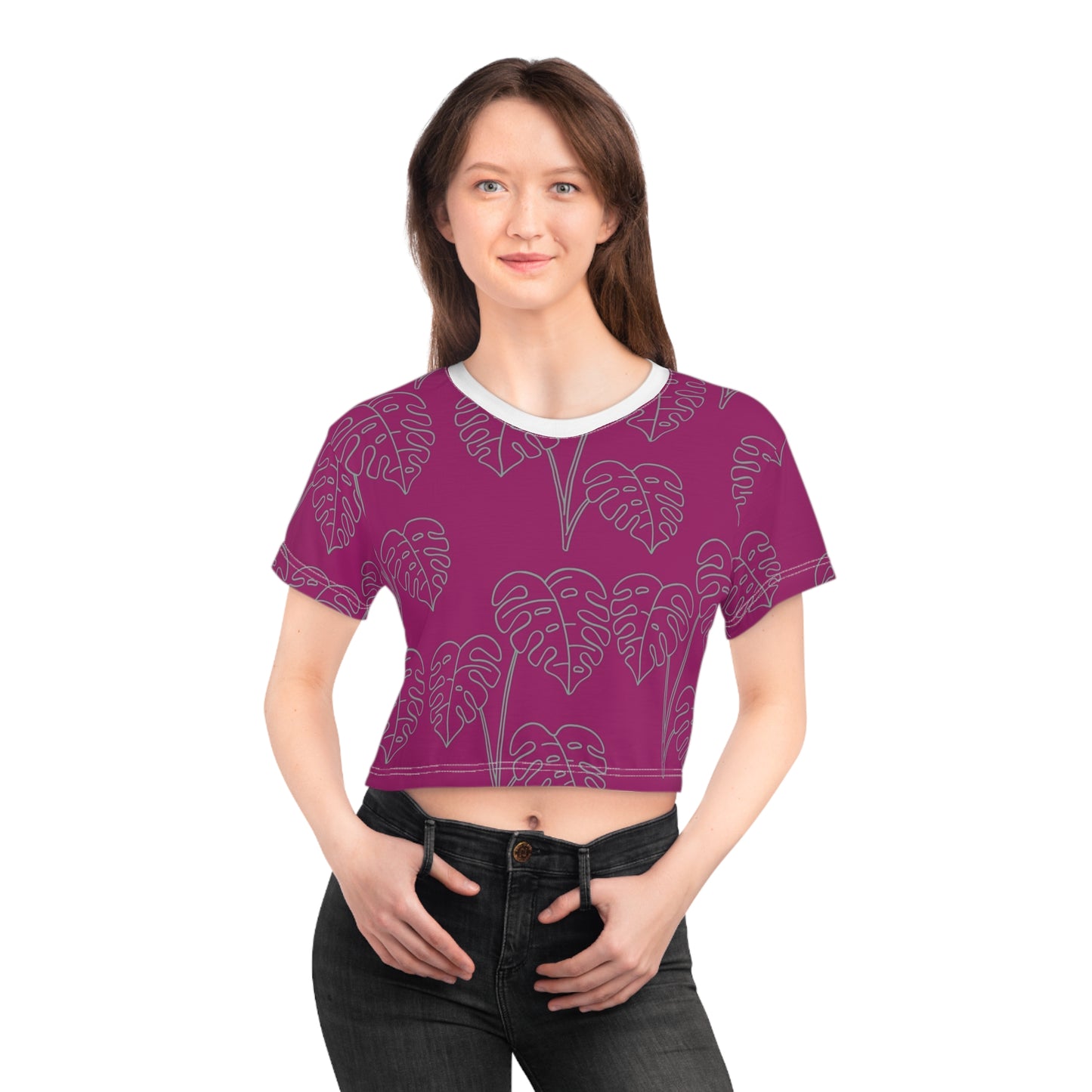 Monstera Line Art Crop Tee — Magenta Tropical Pattern