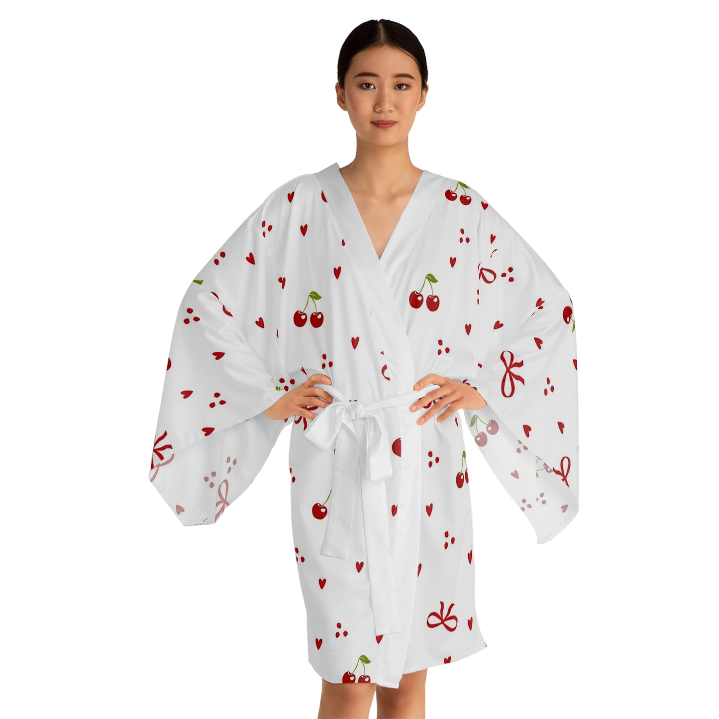 Cherry Heart Kimono Robe – Cute Cherry & Bow All-Over Print Nightwear for Women 🍒