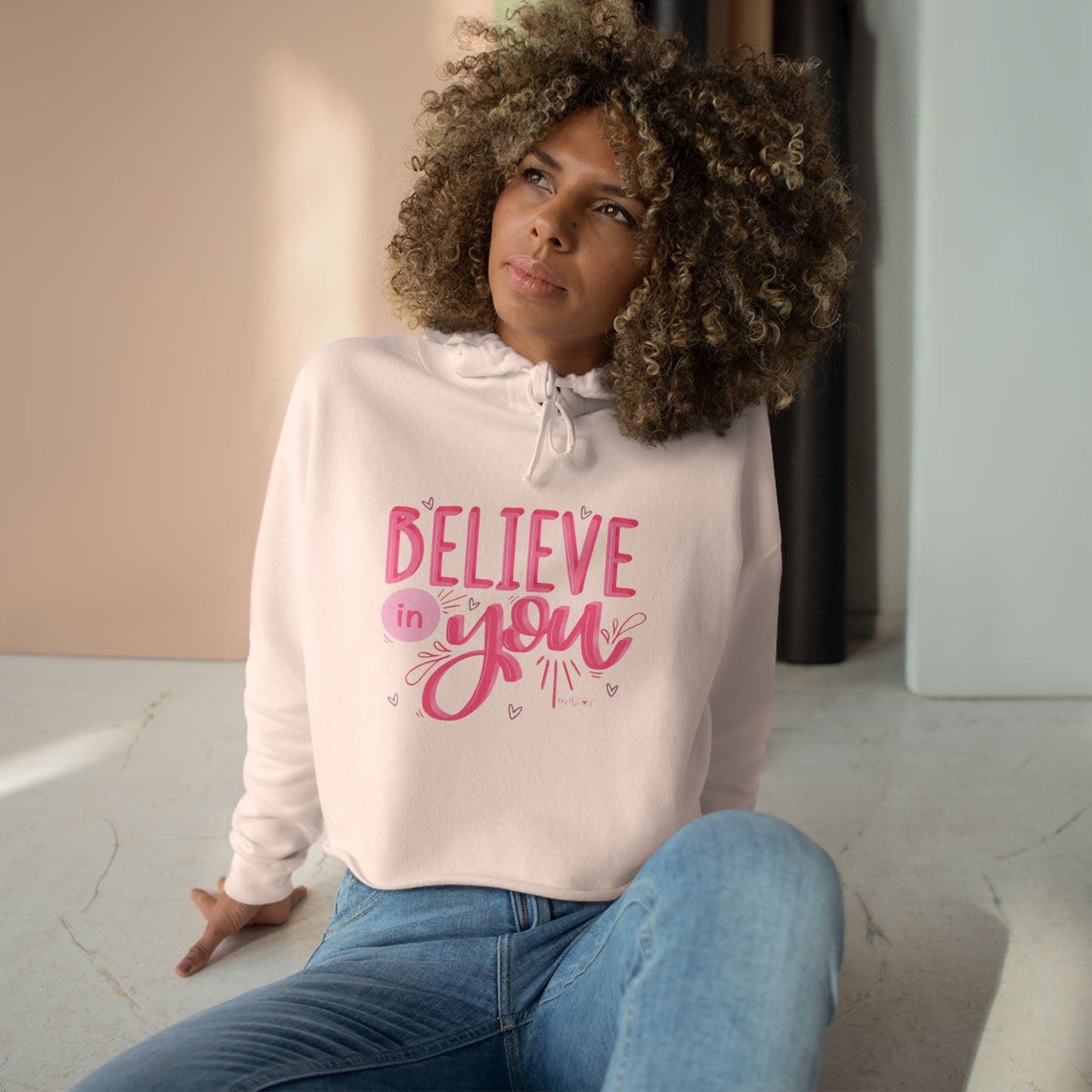 Believe In You Crop Hoodie — Pink Inspirational Women's Cropped Sweatshirt