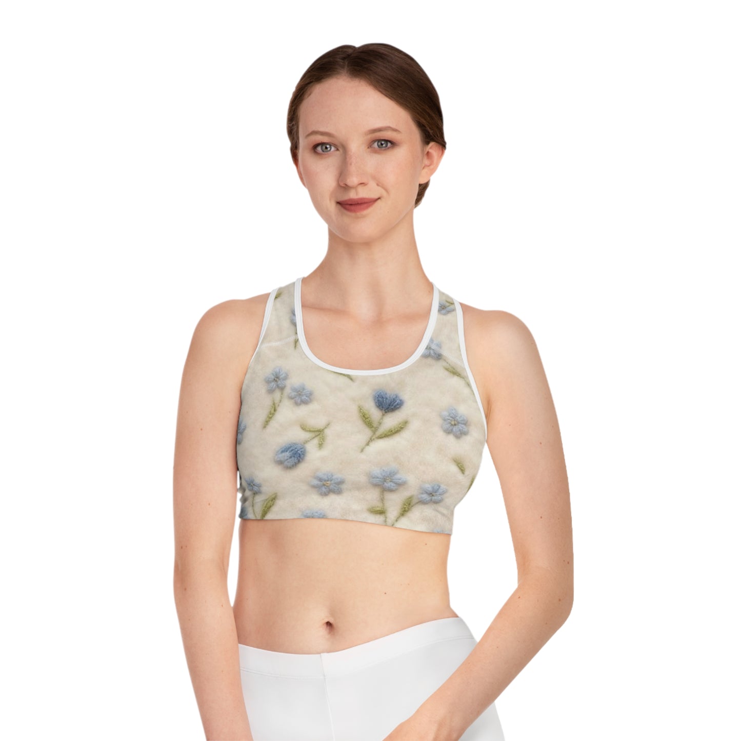 Floral Embroidered Look Sports Bra — Blue Forget-Me-Not All-Over Print