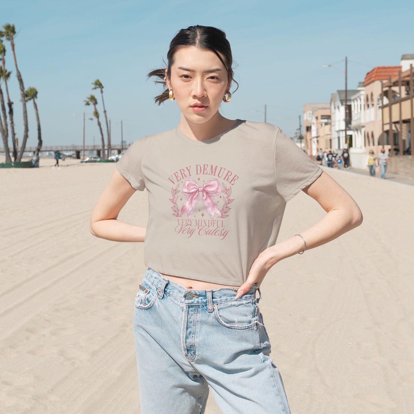 Demure Bow Cropped Tee — "Very Demure, Very Cute" Feminine Graphic Top
