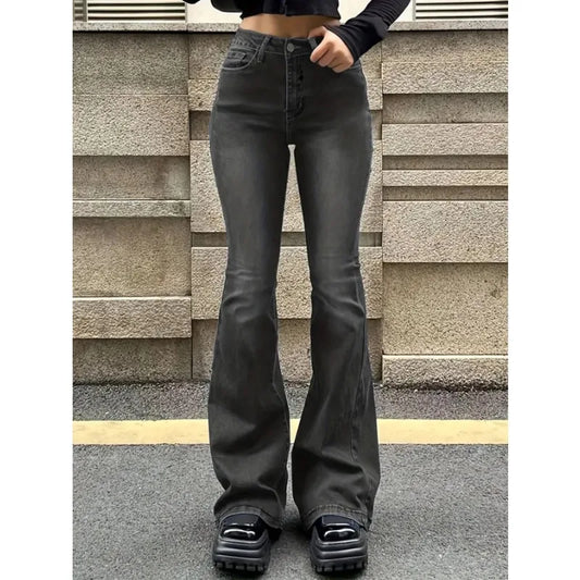 Womens Stretch Jeans Gray Slim Fit Bootcut Flare Trousers Simple Design Versatile Fashion Trendy Jeans Women's Pants